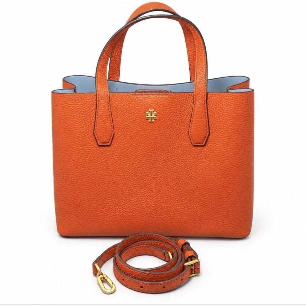 Tory Burch Blake Small Tote Orange Pebbled Leather Crossbody Handbagj